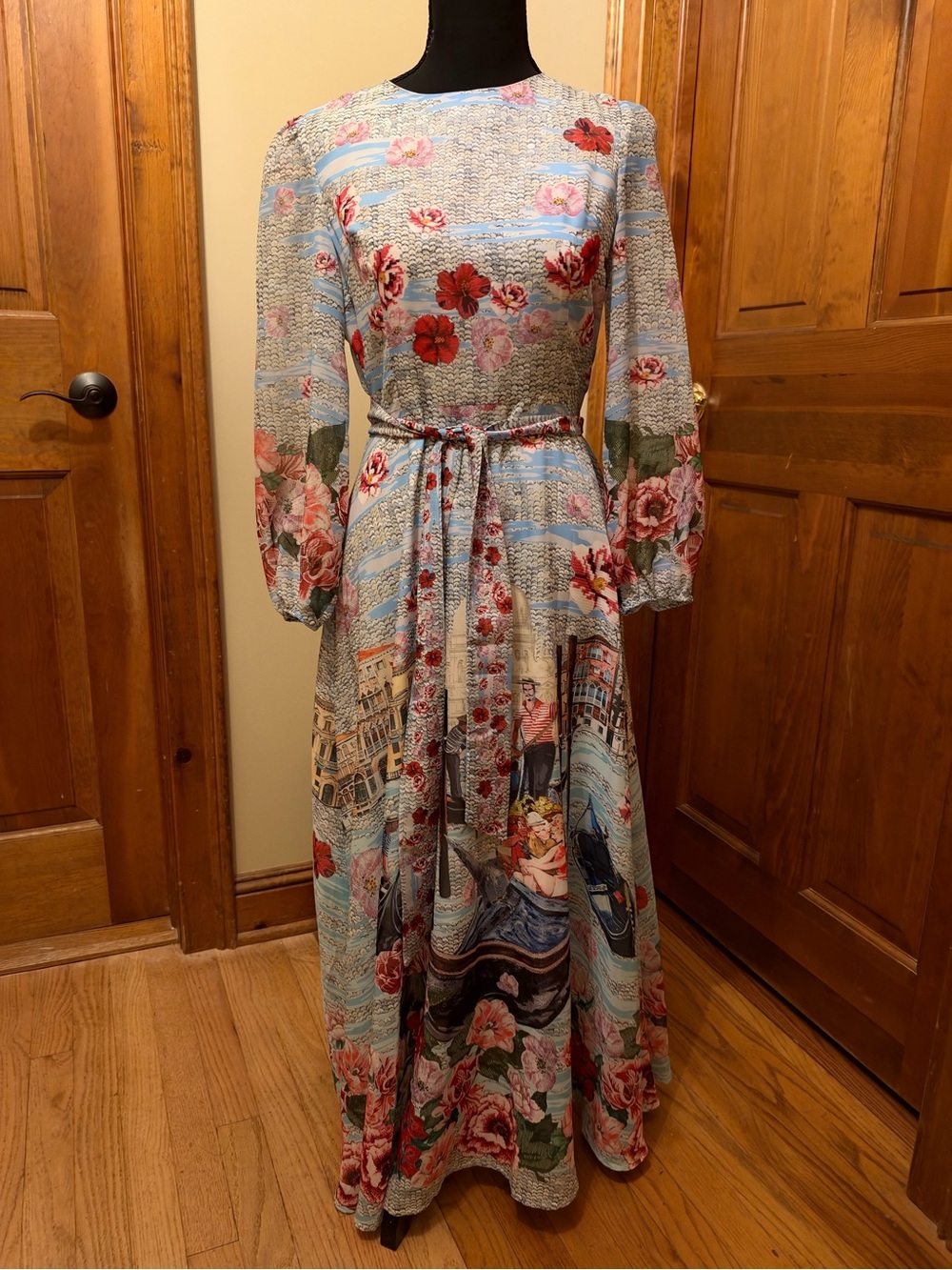 Burryco Venice Gondola Blue Floral Print Midi Dress with Belt